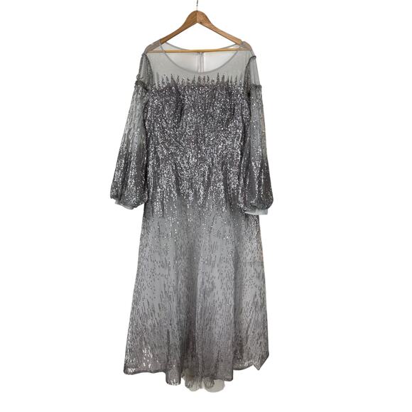 Mac Duggal Silver Jewel Encrusted Illusion Long Sleeve A Line Gown Size 18 *FLAW - Picture 3 of 12